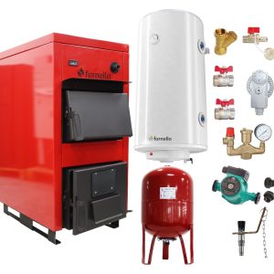 Pachet Centrala pe combustibil solid Fornello Eco Energy WB 35 kW, Boiler Termoelectric, Vas Expansune, Pompa si Fitinguri Montaj