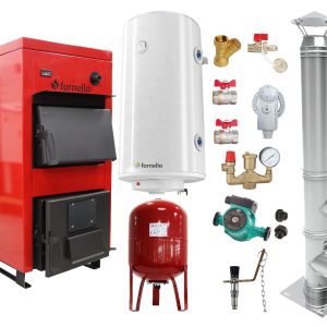 Pachet Centrala pe combustibil solid Fornello Eco Energy WB 35 kW, Cos Inox, Boiler Termoelectric, Vas Expansune, Pompa si Fitinguri Montaj