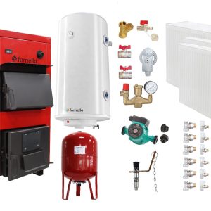 Pachet Centrala pe combustibil solid Fornello Eco Energy WB 35 kW, Radiatoare Otel, Boiler Termoelectric, Vas Expansune, Pompa si Fitinguri Montaj