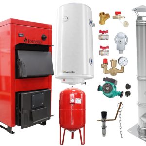 Pachet Centrala pe combustibil solid Fornello Eco Energy WB 40 kW, Cos Inox, Boiler Termoelectric, Vas Expansune, Pompa si Fitinguri Montaj