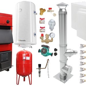 Pachet Centrala pe combustibil solid Fornello Eco Energy WB 50 kW, Cos Inox, Radiatoare Otel, Boiler Termoelectric, Vas Expansune, Pompa si Fitinguri Montaj