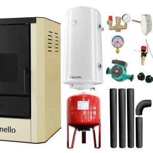 Pachet Termosemineu pe lemne, brichete si carbune Fornello Rimini Ivory 18 kW, Boiler Termoelectric, Vas Expansune, Pompa, Kit Evacuare si Fitinguri Montaj