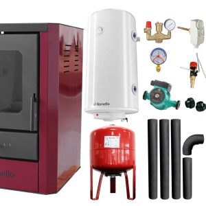 Pachet Termosemineu pe lemne, brichete si carbune Fornello Rimini Bordeaux 18 kW, Boiler Termoelectric, Vas Expansune, Pompa, Kit evacuare si Fitinguri Montaj