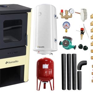 Pachet Termosemineu pe lemne, brichete si carbune Fornello Monza Ivory 27 kW, Boiler Termoelectric, Vas Expansune, Pompa, Kit evacuare si Fitinguri Montaj