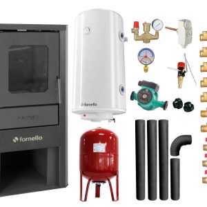 Pachet Termosemineu pe lemne, brichete si carbune Fornello Novara Ivory 27 kW, Boiler Termoelectric, Vas Expansune, Pompa, Kit Evacuare si Fitinguri Montaj