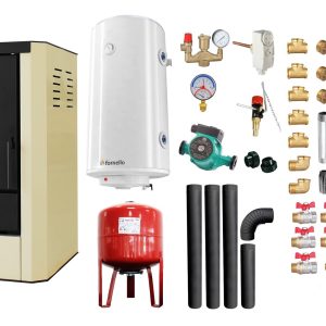 Pachet Termosemineu pe lemne, brichete si carbune Fornello Rimini Ivory 18 kW, Cos Inox, Kit evacuare interior, Boiler Termoelectric, Vas Expansune, Pompa si Fitinguri Montaj