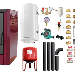 Pachet Termosemineu pe lemne, brichete si carbune Fornello Rimini Bordeaux 18 kW, Cos Inox, Kit evacuare interior, Boiler Termoelectric, Vas Expansune, Pompa si Fitinguri Montaj