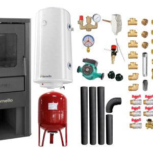 Pachet Termosemineu pe lemne, brichete si carbune Fornello Novara Ivory 27 kW, Cos Inox, Kit evacuare interior, Boiler Termoelectric, Vas Expansune, Pompa si Fitinguri Montaj