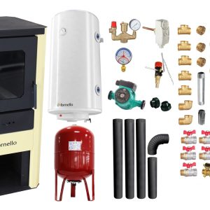 Pachet Termosemineu pe lemne, brichete si carbune Fornello Monza Ivory 27 kW, Cos inox, Kit evacuare interior, Boiler Termoelectric, Vas Expansune, Pompa si Fitinguri Montaj