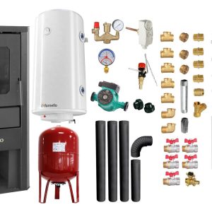 Pachet Termosemineu pe lemne, brichete si carbune Fornello Novara Ivory 27 kW, Radiatoare Otel, Boiler Termoelectric, Vas Expansune, Pompa, Kit Evacuare si Fitinguri Montaj