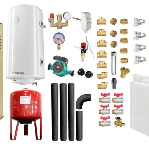 Pachet Termosemineu pe lemne, brichete si carbune Fornello Rimini Ivory 18 kW, Radiatoare Otel, Cos Inox, Kit evacuare interior, Boiler Termoelectric, Vas Expansune, Pompa si Fitinguri Montaj