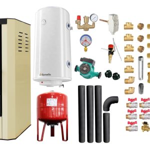 Pachet Termosemineu pe lemne, brichete si carbune Fornello Rimini Ivory 18 kW, Radiatoare Otel, Boiler Termoelectric, Vas Expansune, Pompa, Kit Evacuare si Fitinguri Montaj