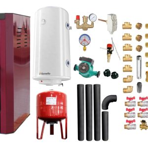 Pachet Termosemineu pe lemne, brichete si carbune Fornello Rimini Bordeaux 18 kW, Radiatoare Otel, Boiler Termoelectric, Vas Expansune, Pompa, Kit evacuare si Fitinguri Montaj