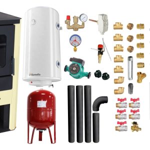 Pachet Termosemineu pe lemne, brichete si carbune Fornello Monza Ivory 27 kW, Radiatoare Otel, Boiler Termoelectric, Vas Expansune, Pompa, Kit evacuare si Fitinguri Montaj