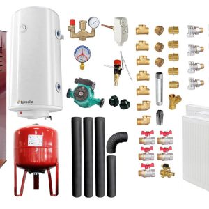 Pachet Termosemineu pe lemne, brichete si carbune Fornello Rimini Bordeaux 18 kW, Radiatoare Otel, Cos Inox, Kit evacuare interior, Boiler Termoelectric, Vas Expansune, Pompa si Fitinguri Montaj