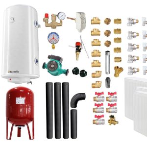Pachet Termosemineu pe lemne, brichete si carbune Fornello Novara Ivory 27 kW, Radiatoare Otel, Cos Inox, Kit evacuare interior, Boiler Termoelectric, Vas Expansune, Pompa si Fitinguri Montaj