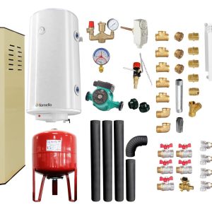 Pachet Termosemineu pe lemne, brichete si carbune Fornello Rimini Ivory 18 kW, Calorifere aluminiu, Boiler Termoelectric, Vas Expansune, Pompa, Kit Evacuare si Fitinguri Montaj