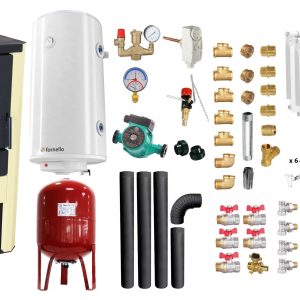 Pachet Termosemineu pe lemne, brichete si carbune Fornello Monza Ivory 27 kW, Calorifere aluminiu, Boiler Termoelectric, Vas Expansune, Pompa, Kit evacuare si Fitinguri Montaj