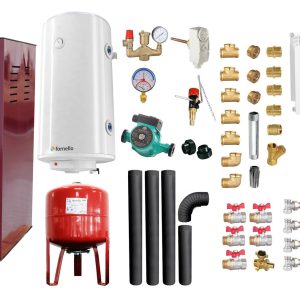 Pachet Termosemineu pe lemne, brichete si carbune Fornello Rimini Bordeaux 18 kW, Calorifere aluminiu, Boiler Termoelectric, Vas Expansune, Pompa, Kit evacuare si Fitinguri Montaj