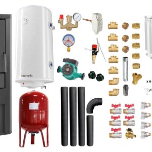 Pachet Termosemineu pe lemne, brichete si carbune Fornello Novara Ivory 27 kW, Calorifere aluminiu, Boiler Termoelectric, Vas Expansune, Pompa, Kit Evacuare si Fitinguri Montaj