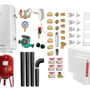Pachet Termosemineu pe lemne, brichete si carbune Fornello Novara Ivory 27 kW, Teava, Radiatoare Otel, Boiler Termoelectric, Vas Expansune, Pompa, Kit Evacuare si Fitinguri Montaj