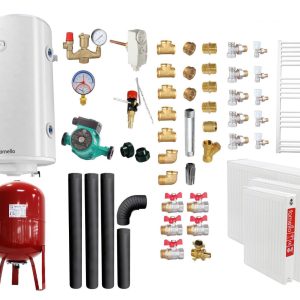 Pachet Termosemineu pe lemne, brichete si carbune Fornello Monza Ivory 27 kW, Teava, Radiatoare Otel, Boiler Termoelectric, Vas Expansune, Pompa, Kit evacuare si Fitinguri Montaj
