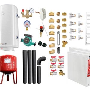 Pachet Termosemineu pe lemne, brichete si carbune Fornello Rimini Ivory 18 kW, Teava, Radiatoare Otel, Boiler Termoelectric, Vas Expansune, Pompa, Kit Evacuare si Fitinguri Montaj