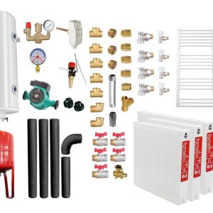 Pachet Termosemineu pe lemne, brichete si carbune Fornello Rimini Ivory 18 kW, Teava, Radiatoare Otel, Cos Inox, Kit evacuare interior, Boiler Termoelectric, Vas Expansune, Pompa si Fitinguri Montaj