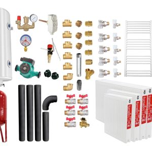Pachet Termosemineu pe lemne, brichete si carbune Fornello Monza Bordeaux 27 kW, Teava, Radiatoare Otel, Cos inox, Kit evacuare interior, Boiler Termoelectric, Vas Expansune, Pompa si Fitinguri Montaj