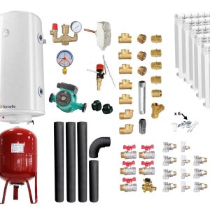Pachet Termosemineu pe lemne, brichete si carbune Fornello Monza Bordeaux 27 kW, Cos Inox, Kit evacuare, Calorifere aluminiu, Boiler Termoelectric, Vas Expansune, Pompa si Fitinguri Montaj