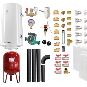 Pachet Termosemineu pe lemne, brichete si carbune Fornello Monza Bordeaux 27 kW, Radiatoare Otel, Cos inox, Kit evacuare interior, Boiler Termoelectric, Vas Expansune, Pompa si Fitinguri Montaj
