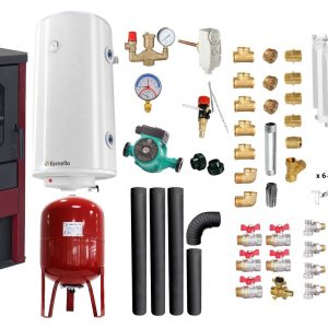Pachet Termosemineu pe lemne, brichete si carbune Fornello Monza Bordeaux 27 kW, Calorifere aluminiu, Boiler Termoelectric, Vas Expansune, Pompa, Kit evacuare si Fitinguri Montaj