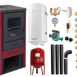Pachet Termosemineu pe lemne, brichete si carbune Fornello Monza Bordeaux 27 kW, Boiler Termoelectric, Vas Expansune, Pompa, Kit evacuare si Fitinguri Montaj