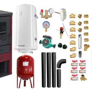 Pachet Termosemineu pe lemne, brichete si carbune Fornello Monza Bordeaux 27 kW, Radiatoare Otel, Boiler Termoelectric, Vas Expansune, Pompa, Kit evacuare si Fitinguri Montaj