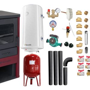 Pachet Termosemineu pe lemne, brichete si carbune Fornello Monza Bordeaux 27 kW, Cos inox, Kit evacuare interior, Boiler Termoelectric, Vas Expansune, Pompa si Fitinguri Montaj