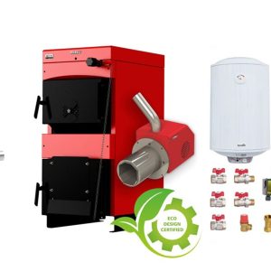 Pachet Centrala mixta combustibil solid si peleti Burnit NWB MAX 45 kW si Arzator pe peleti Pell Eco 35 kW, cos inox, pompa circulatie evp 25-60, vas expansiune 50 l, boiler termoelectric Fornello 100 l si fitinguri montaj
