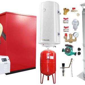 Pachet Centrala Mixta Lemn si Peleti Fornello Eco Energy WB 40 kW, Cos Inox, Radiatoare Otel, Boiler termoelectric, Vas expansiune, Pompa, Arzator Fornello B-HOME 34 kW cu snec B-MAX, Buncar peleti 280 kg si fitinguri montaj