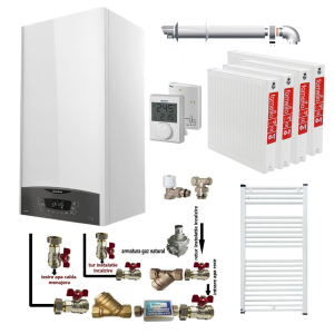 Pachet apartament cu 3 camere, centrala termica murala in condensare Ariston CLAS ONE+ WI-FI 24, Gaz, termostat, 24 kW, Doua schimbatoare de caldura, Display digital, schimbator primar inox, kit de evacuare inclus, calorifere otel, kit armaturi