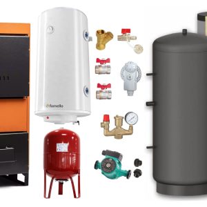 Pachet Centrala pe combustibil solid Fiama W 45 kW, Puffer 1000 litri, Boiler Termoelectric, Vas Expansune, Pompa si Fitinguri Montaj