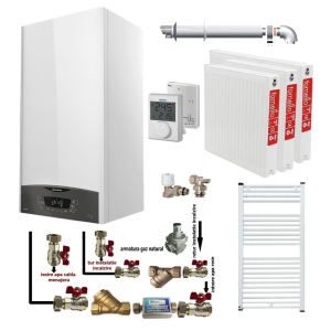 Pachet apartament cu 2 camere, centrala termica murala in condensare Ariston CLAS ONE+ WI-FI 24, Gaz, 24 kW, Termostat, kit de evacuare inclus, calorifere otel, kit armaturi