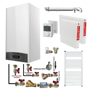 Pachet apartament cu o camera, centrala termica murala in condensare Ariston CLAS ONE+ WI-FI 24, Gaz, 24 kW, termostat, kit de evacuare inclus, calorifere otel, kit armaturi
