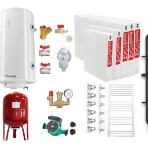 Pachet Centrala pe combustibil solid Fiama W 35 kW, Puffer 1000 litri, Radiatoare Otel, Boiler Termoelectric, Vas Expansune, Pompa si Fitinguri Montaj