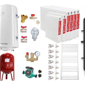 Pachet Centrala pe combustibil solid Fiama W 45 kW, Puffer 1000 litri, Radiatoare Otel, Boiler Termoelectric, Vas Expansune, Pompa si Fitinguri Montaj