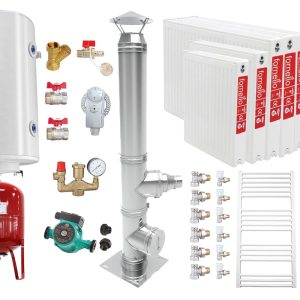 Pachet Centrala pe combustibil solid Fiama W 35 kW, Puffer 1000 litri, Cos inox, Radiatoare Otel, Boiler Termoelectric, Vas Expansune, Pompa si Fitinguri Montaj