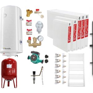 Pachet Centrala pe combustibil solid Fornello Eco Energy WB 35 kW, Puffer 1000 litri, Radiatoare Otel, Boiler Termoelectric, Vas Expansune, Pompa si Fitinguri Montaj