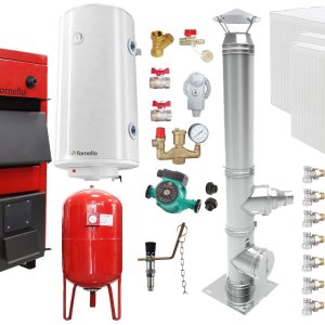 Pachet Centrala pe combustibil solid Fornello Eco Energy WB 40 kW, Cos Inox, Radiatoare Otel, Boiler Termoelectric, Vas Expansune, Pompa si Fitinguri Montaj