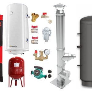 Pachet Centrala pe combustibil solid Fiama D2-25 Putere 29 kW, cu Ventilator si Automatizare, Puffer 800 litri, Cos inox, Boiler Termoelectric, Pompa, Vas Expansiune si Fitinguri