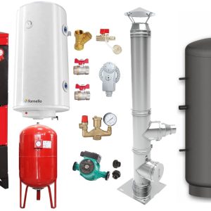 Pachet Centrala pe combustibil solid Fiama D2-60 Putere 70 kW, cu Ventilator si Automatizare, Puffer 1000 litri, Cos inox, Boiler Termoelectric, Pompa, Vas Expansiune si Fitinguri