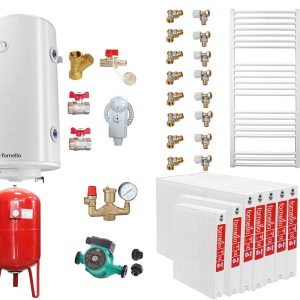 Pachet Centrala pe combustibil solid Fiama D2-40 Putere 46 kW, cu Ventilator si Automatizare, Puffer 1000 litri, Radiatoare Otel, Boiler Termoelectric, Pompa, Vas Expansiune si Fitinguri