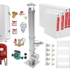 Pachet Centrala pe combustibil solid Fiama D2-25 Putere 29 kW, cu Ventilator si Automatizare, Puffer 800 litri, Cos inox, Radiatoare Otel, Boiler Termoelectric, Pompa, Vas Expansiune si Fitinguri